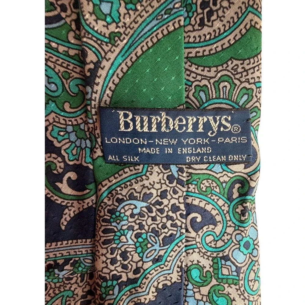 Vintage Burberry Silk Paisley Tie Green & Blue Made in England Quiet Luxury Work - Picture 2 of 7